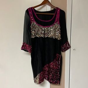 Custom Black Hot Pink Silver Sequin Indian Top Outfit - Medium!
